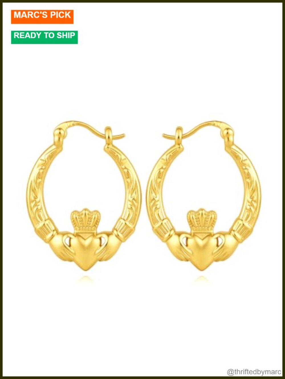 14k Gold Plated Claddagh Hoop Earrings Latch Back Hypoallergenic